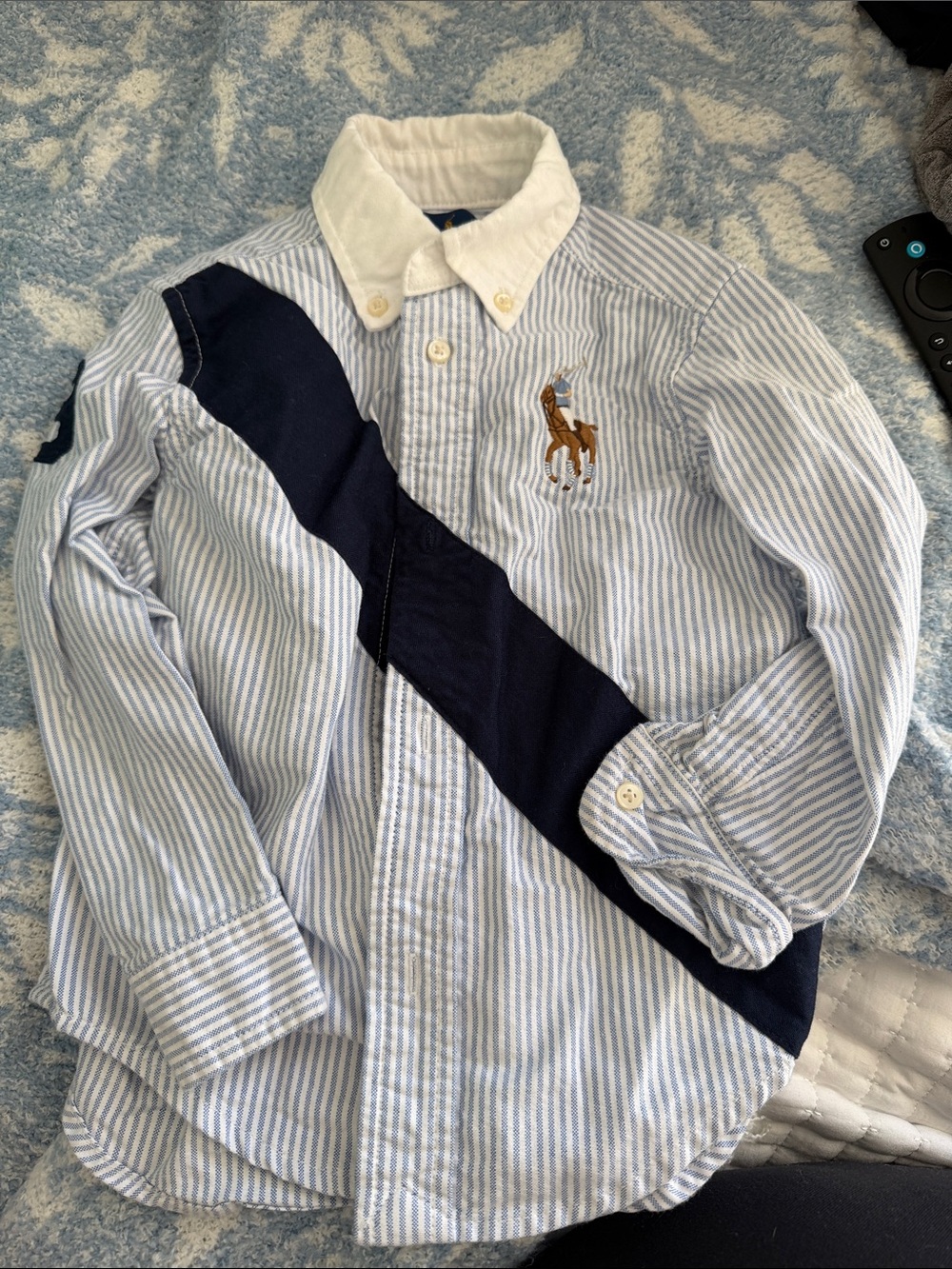 Polo by Ralph Lauren Light Blue & White Striped Button-Down with Navy Sash